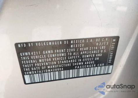2013 Volkswagen Jetta 2.5L Se from USA, damaged, VIN 3VWDX7AJ1DM428804